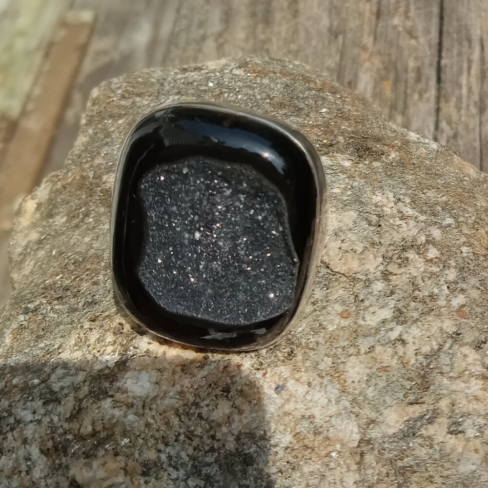 Druzy Black Onyx Adjustable 925 Silver Statement Ring